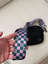 Load image into Gallery viewer, Purple/ Green Checker + Floral Bag Strap